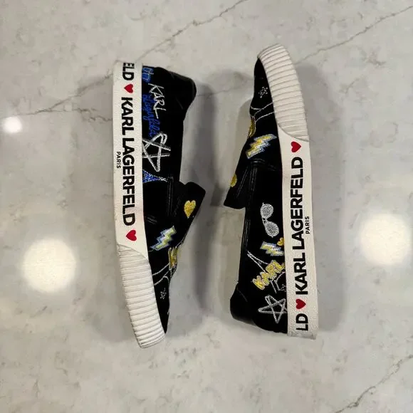 Karl Lagerfeld Paris Jazlyn Slip On Sneakers Size 8 Black Embroidered Graffiti - Picture 4 of 16